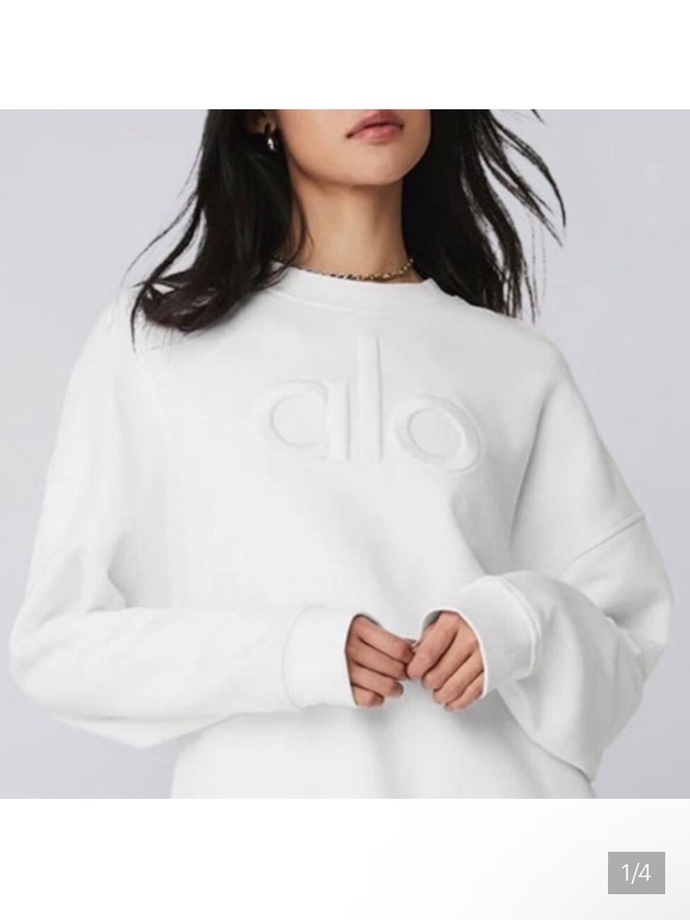 Alo Embossed Logo White Crewneck Sweatshirt Cropped